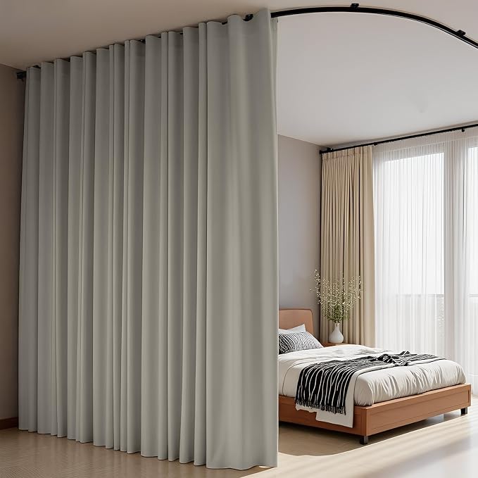Room Divider Curtains Flexible Ceiling Tracks set Curtain track Ceiling Mount Blackout Curtain for Living Room Bedroom Ceiling Curtain Rod Privacy Dividers Panel W15xH8FT Light Grey Drape&Black rail