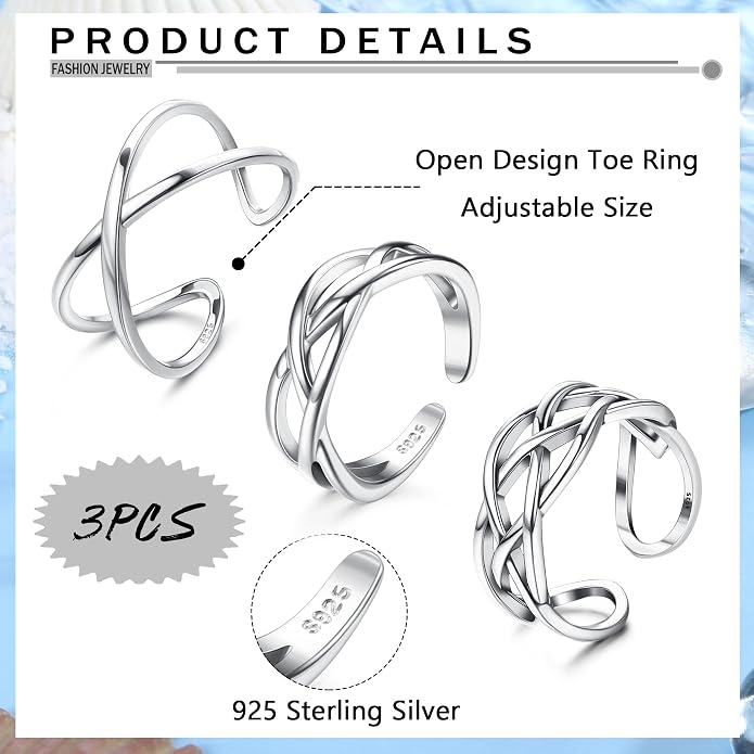 Florideco 3Pcs S925 Sterling Silver Toe Rings for Women Open Toe Rings Comfort-Fit Adjustable Toe Rings Celtic Knot Turquoise Finger Foot Jewelry Set
