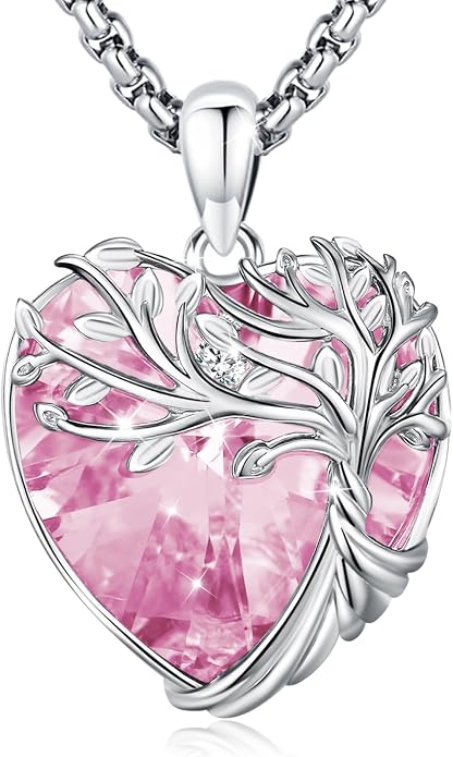Tree of Life Necklace Sterling Silver Crystal Abalone Shell Tree Pendant with Heart Family Tree Jewelry for Women Mother's Day Gifts
