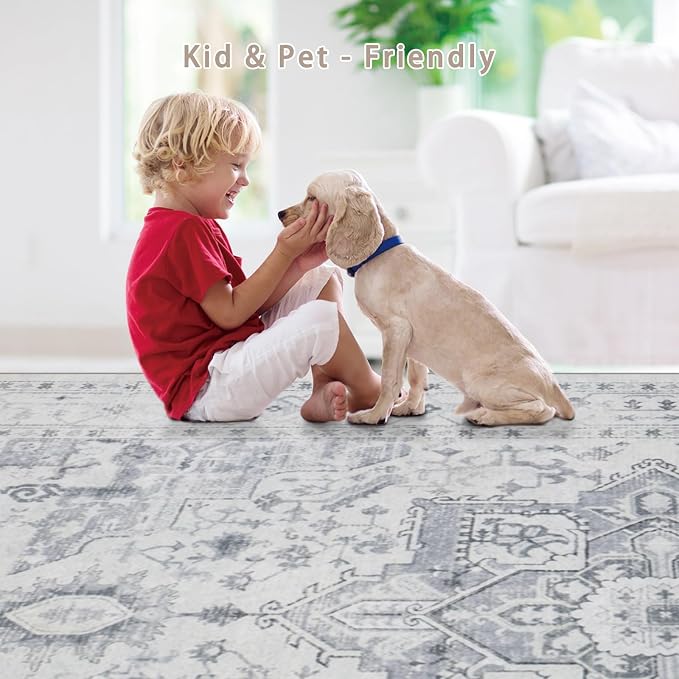 Srugn Kitchen Rug - Non Slip Hallway Runner - 2x8 Soft Faux Wool Washable Grey Vintage Throw Rug for Entryway and Bedroom