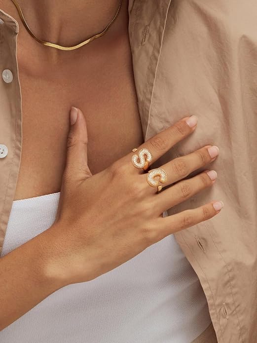 FindChic Initial Ring for Women, Gold Plated Chunky Letter Rings Open Adjustable Trendy Sparkling Cubic Zirconia Personalized Statement Rings Jewelry Gift