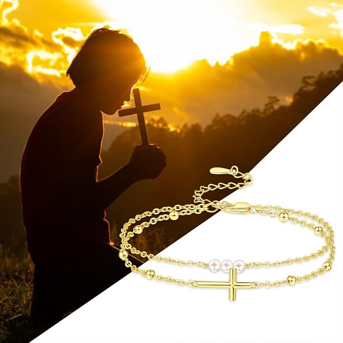 Palpitate Cross Anklet for Women Pearl Cross Ankle Bracelets 14K Gold Plated Adjustable Layered Foot Bead Chain for Women Beach Jewelry Christmas Gifts