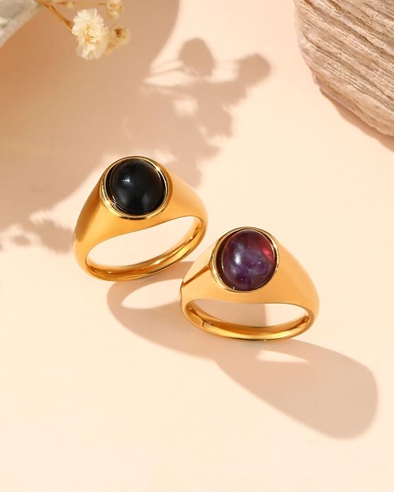 YeGieonr Gold Signet Rings for Women Non Tarnish Gold Rings, Waterproof Gemstones Statement Ring, 18K Gold Plated Stainless Steel Gem Stone Jewelry Gift for Everyday Wear