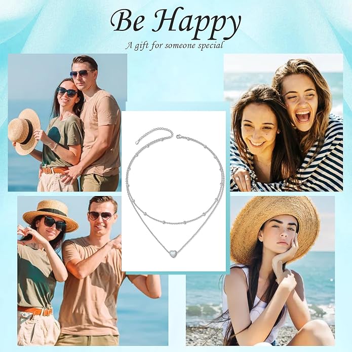 Layered Choker Necklaces for Women S925 Sterling Silver Circle/Heart/Cross/Star Multi Layered Necklace Handmade Bead Chain Adjustable Jewelry for Birthday