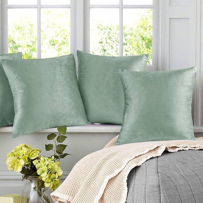 Nestl Throw Pillow Covers, Cozy Velvet Decorative Pillow Cases 24x24 Inches, Soft Solid Couch Pillow Covers for Sofa, Bed and Car, Set of 4 - Mint