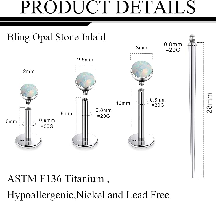 Ruifan Titanium Flat Back Lip Rings Externally Threaded Earrings Studs Nose Rings 20G 18G 16G Jeweled Round Opal Tragus Cartilage Lobe Rook Helix Conch Labret Medusa Piercing Jewelry for Women Men