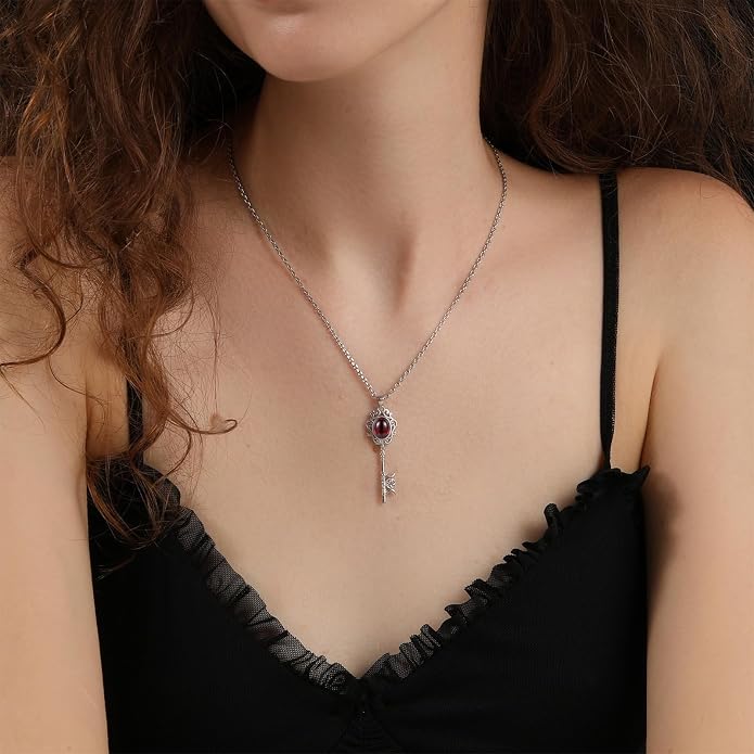 Natural Moonstone Crystal Key Necklace for Women, Retro Triple Moon Key Healing Crystal Wiccan Pagan Jewelry Gift