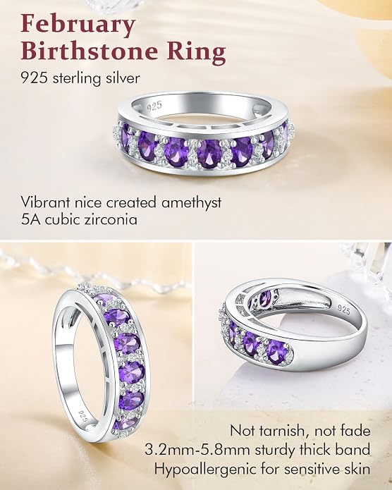 DAYBYDAY Oval Band Rings for Women, 925 Sterling Silver/14k Gold Plated Half Eternity Ring, Aquamarine/Ruby/Emerald/Sapphire Birthstone Rings, Thick Band Gemstone Anniversary Ring Size 6 to 10
