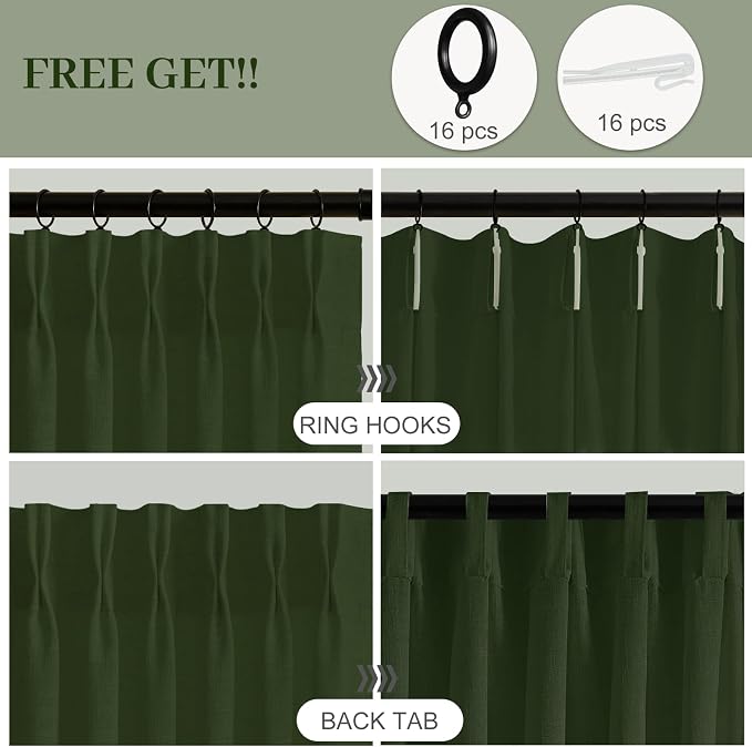 IVAPUPU 96 Inch Linen Curtains for Living Room, Pinch Pleated Semi Sheer Curtain Light Filtering Modern Memory Trained Back Tab Drapes with Hook for Bedroom Farmhouse, Olive Green, W40xL96, 2 Panel