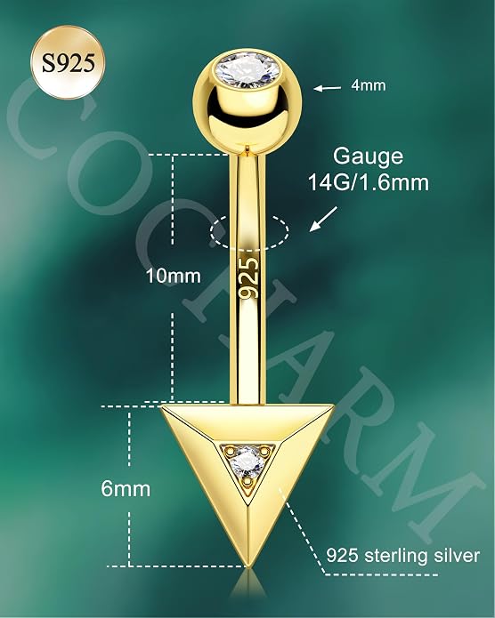 COCHARM 14K Gold Plated925 Sterling Silver Belly Button Ring Gold Filled Triangle Belly Navel Ring Cute 14g Unique Belly Piercing Jewelry For Women Men Mini Belly Bar Nickel Free