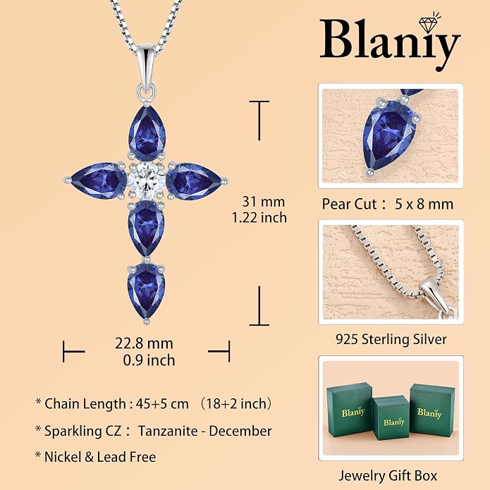 Cross Necklace for Women 925 Sterling Silver Teardrop Birthstone Pendant Religious Jewelry Gifts for Women