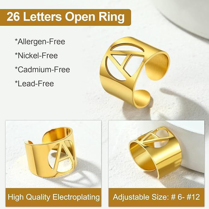 KeyStyle Bold Initial Letter Rings Adjustable, GoldChic Jewelry Women Gold Statement Ring Personalized Engraved Women’s Open Signet Ring for Party (Gold, White Gold, Black)