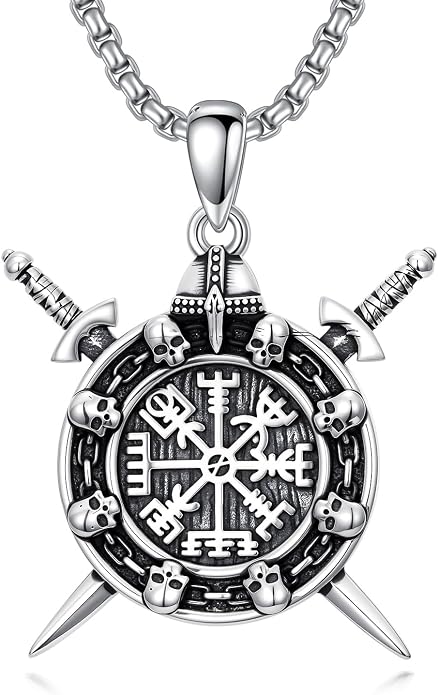 PROESS Viking Axe/Sword/Skull Necklace S925 Sterling Silver Thors Hammer Necklace Amulet Dagger Pendant Norse Viking Rune Jewelry Gifts for Men Women