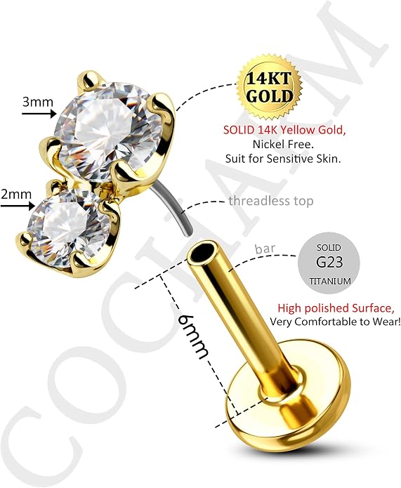 Cocharm 14K Gold Cartilage Earring 16g Real Gold Flat Back Helix Piercing Jewelry Push Pin Tragus Conch Stud for Women Men
