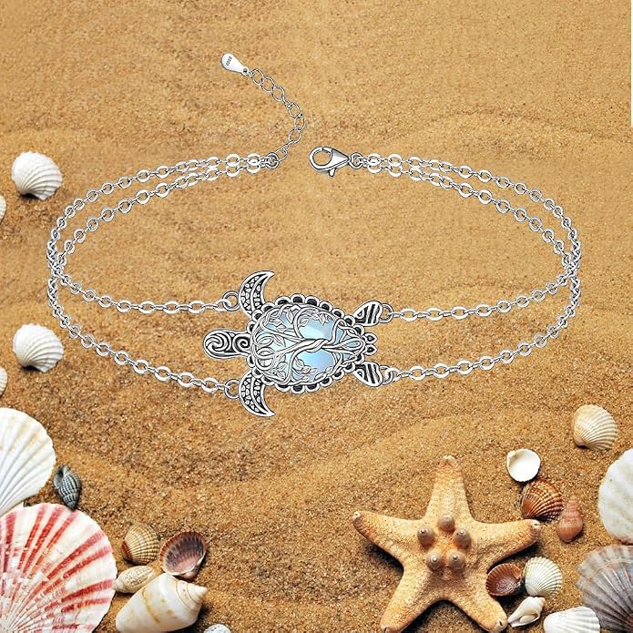 Fenthring Turtle Anklet S925 Sterling Silver Blue Opal Sea Turtle Ankle Bracelets for Women Infinity Wave Ocean Beach Summer Foot Bracelet Jewelry Layered Adjustable