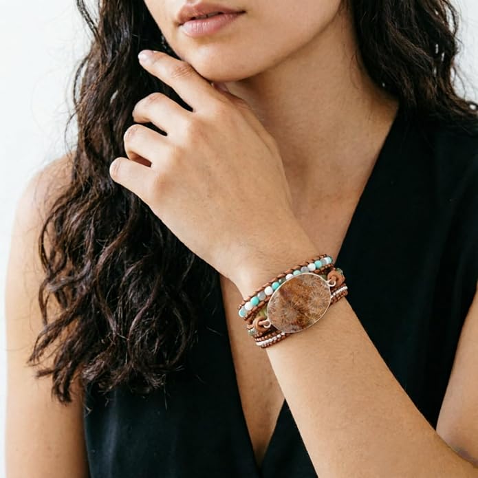 YGLINE Boho Handmade Wrap Leather Tube Crystal Stone Bracelet for Women