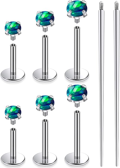 Ruifan Titanium Flat Back Lip Rings Externally Threaded Earrings Studs Nose Rings 20G 18G 16G Round Opal Tragus Cartilage Lobe Rook Helix Conch Labret Medusa Piercing Jewelry for Women Men