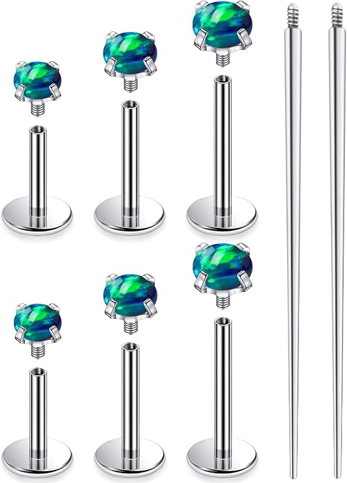 Ruifan Titanium Flat Back Lip Rings Externally Threaded Earrings Studs Nose Rings 20G 18G 16G Round Opal Tragus Cartilage Lobe Rook Helix Conch Labret Medusa Piercing Jewelry for Women Men