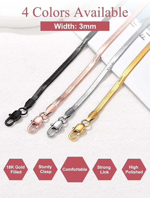 FOCALOOK 14K Gold Plated Necklaces for Women, Fashion Herringbone Choker Necklace Stainless Steel Flat Snake Chain 3/5MM(W) 12.5"/15"/18"+3.5"(L)