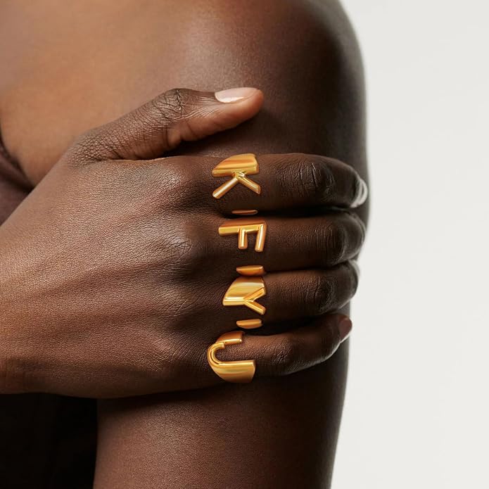 KeyStyle Bold Initial Letter Rings Adjustable, GoldChic Jewelry Women Gold Statement Ring Personalized Engraved Women’s Open Signet Ring for Party (Gold, White Gold, Black)