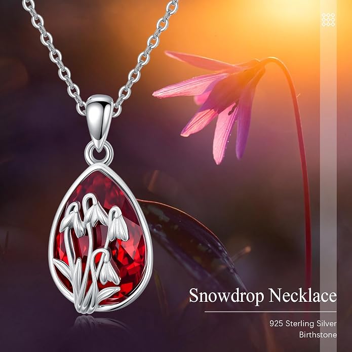 925 Sterling Silver Birth Flower Necklace with Teardrop Shaped Birthstone - 12 Colors, 12 Kinds of Flower - Ideal Birthday Jewelry Gift for Women, Mothers, Daughters & Wives