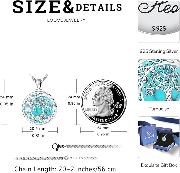 Tree of Life Necklace for Women Sterling Silver Celtic Moon Tree Moonstone Turquoise Pendant Heart Family Tree Necklace for Mother Daughter Sister Gifts
