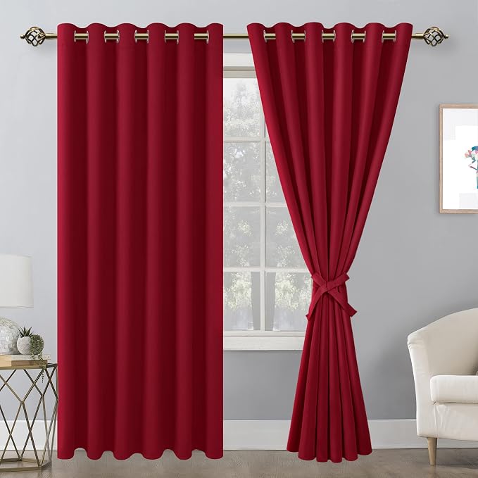 Hiasan Grommet Blackout Curtains for Bedroom, 70 x 84 Inches - Thermal Insulated & Light Blocking Window Drapes for Living Room/Dorm Room, Set of 2 Panels Sewn with Tiebacks, Christmas Red