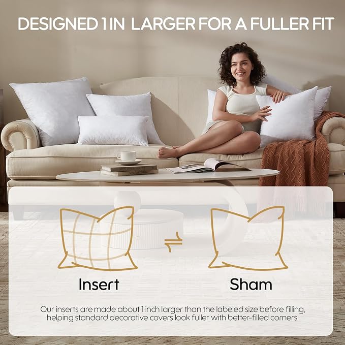 Feather Throw Pillow Inserts Set of 4, Soft Fluffy Square 20 x 20 Inches Decorative Pillow Insert, Feather and Down Euro Pillows for Bed, Couch and Cushion