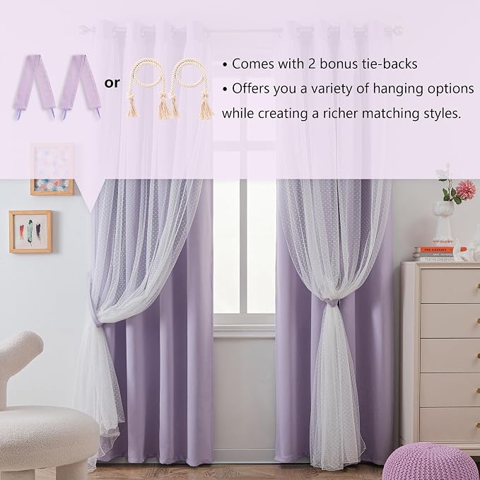 MYSKY HOME Lilac Blackout Short Curtains 63 inch Long for Bedroom Girls & Nursery Kids Purple Lavender Curtains Double Layer with Polka Dots Sheer, Grommet Tops, 52" Wide, 2 Panels