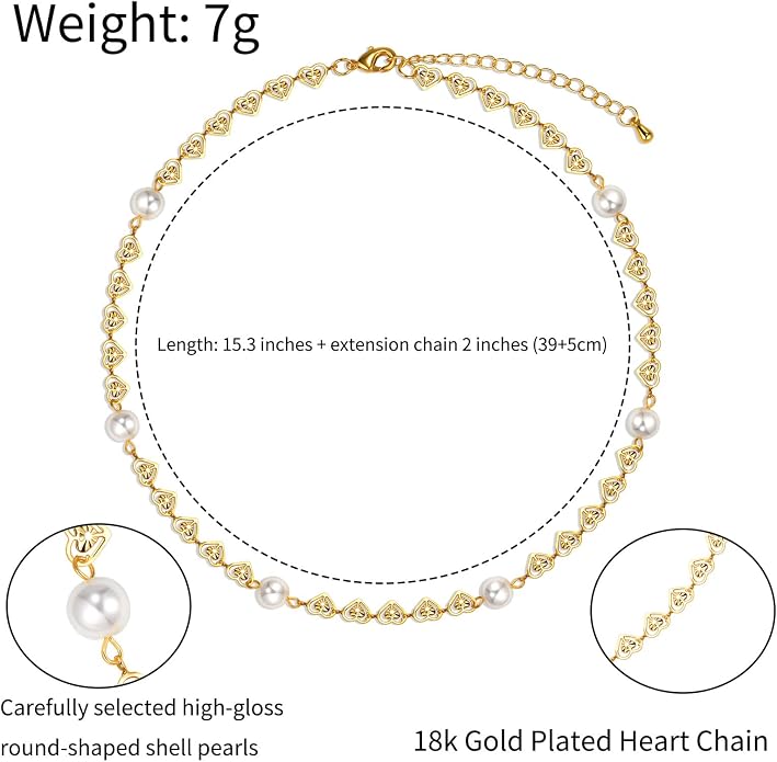 Pearl Necklace Love Heart Choker Link 18k Gold Infinite Elegant Forever Short Satellite Tiny Chain Dainty Cute Statement Valentine's Day Gift Handmade Vintage Jewelry for Women