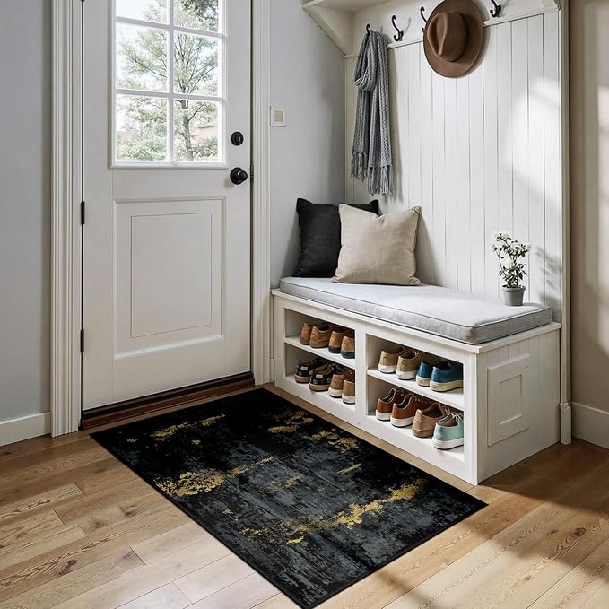 RELEANY Washable Area Rugs 3x4 Non-Slip Modern Abstract Soft for Living Room Entryway Bedroom Kitchen, Print Pattern, Dark Black Gold