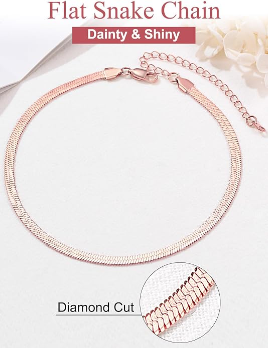 FOCALOOK 14K Gold Plated Necklaces for Women, Fashion Herringbone Choker Necklace Stainless Steel Flat Snake Chain 3/5MM(W) 12.5"/15"/18"+3.5"(L)