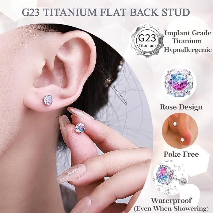Flat Back G23 Titanium Stud Earrings, Hypoallergenic Titanium Cubic Zirconia Piercing Ear Studs, Versatile Eyebrow Lip Labret Cartilage Helix Sleeper 18G Jewelry for Women Men