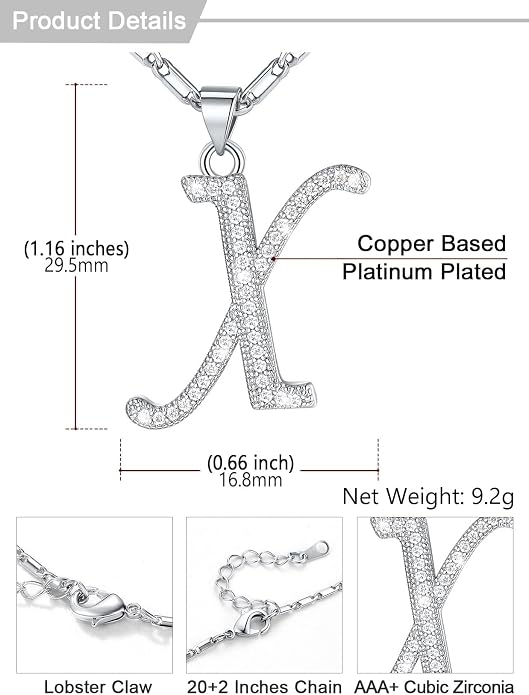 U7 Initial Necklace for Women, Gold/Platinum Plated CZ Crystal Letter A-Z Pendant Necklace, Shiny 20 Inch Name Chain Dainty Personalized Jewelry for Men Mom Wife Friend