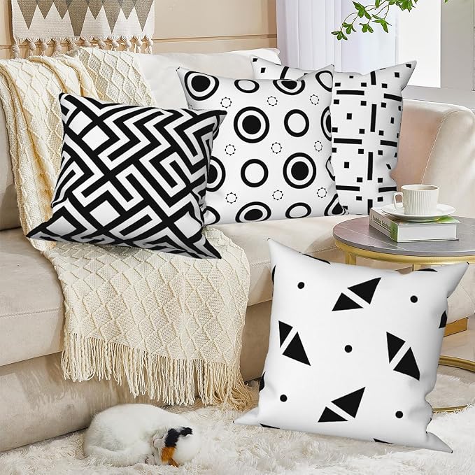 Black White Geometric Throw Pillow Cover 18"x18" Set of 4, Modern Minimalist Abstract Irregular Pattern Cushion Cover for Sofa Chair Couch Bed Office Patio Farmhouse Indoor Outdoor