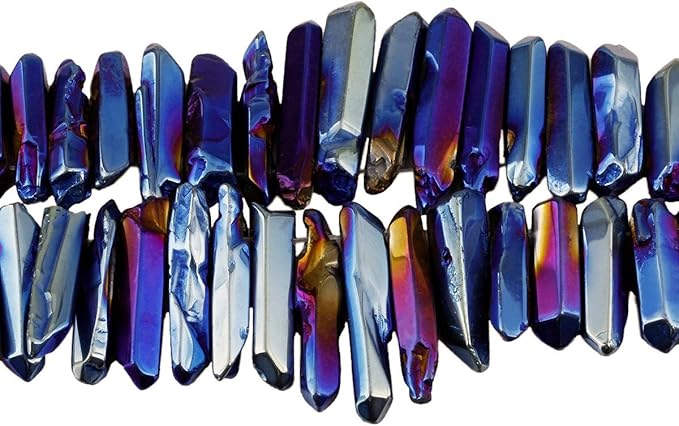 TUMBEELLUWA Rock Quartz Crystal Points Loose Beads for Jewelry Making, Titanium Coated Polished/Raw Quartz Beads 15 Inches Top Drilled,Blue/Purple Crystal Points(0.5"-1.6")