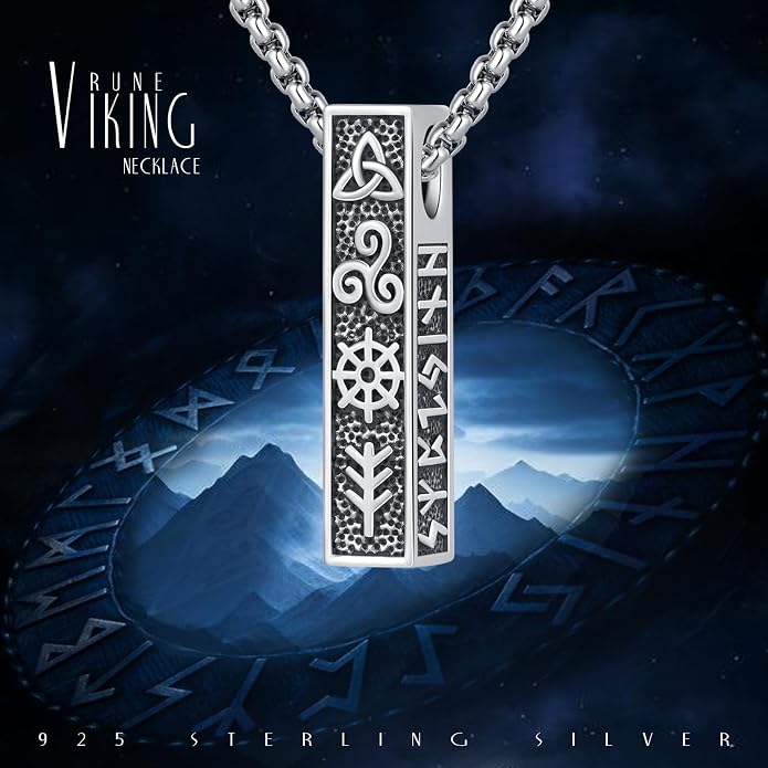 Viking Necklace for Men 925 Sterling Silver Rune Amulet Pendant Nordic Necklace Viking Jewelry Gift for Father Husband Son