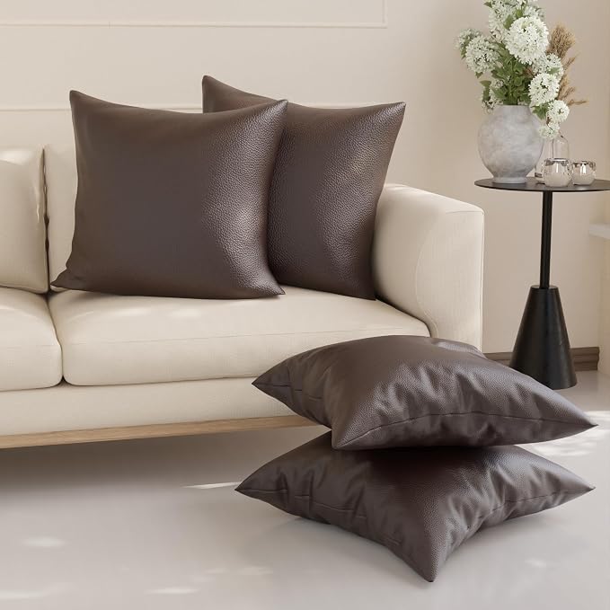 Encasa XO Faux Leather Throw Pillows Covers 20"x20" (Set of 4) | Dark Brown Decorative Cushion Covers | Modern Farmhouse Pillow Cases for Outdoor, Living Room, Bedroom, Couch, Sofa