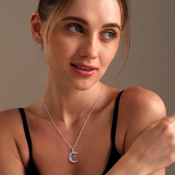 LeCalla 925 Sterling Silver Pendant Necklace | Crescent Moon and Star Necklace Jewelry | Handmade Charm Pendant Necklace for Women | Adjustable Chain Necklace Gifts for Women Valentine s Day, Mother s Day