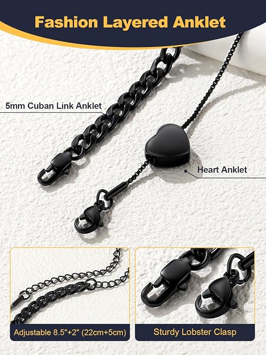 U7 2Pcs/3Pcs Ankle Bracelets for Women, Stainless Steel Cuban Link/Figaro/Rope/Heart Chain Anklets Sets,Waterproof Layered Anklets Adjustable 8.5"-10.5"