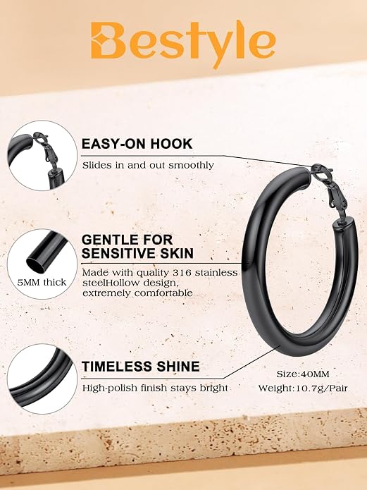 Bestyle 5mm Thick Gold Hoop Earrings Hypoallergenic Hoops for Sensitive Ears Trendy Lightweight Chunky Earrings for Women 30/40/60/80mm