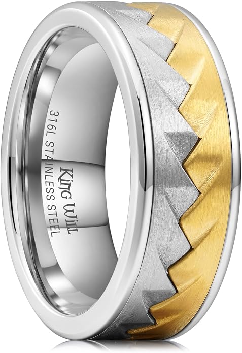 King Will 316L Stainless Steel Men's Wedding Band – 6/8 mm Dual-Tone Wedding Ring Polished Finish with Gold/Black Steel Plating, Fashionable and Durable Stainless Steel Men's Ring Size 7-14