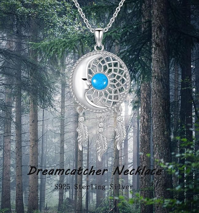 Dream Catcher Moonstone/Turquoise Necklace 925 Sterling Silver Moon Necklace Dream Catcher Pendant Necklace Dream Catcher Jewelry Moonstone/Turquoise Jewelry Sun Necklace Gifts for Women