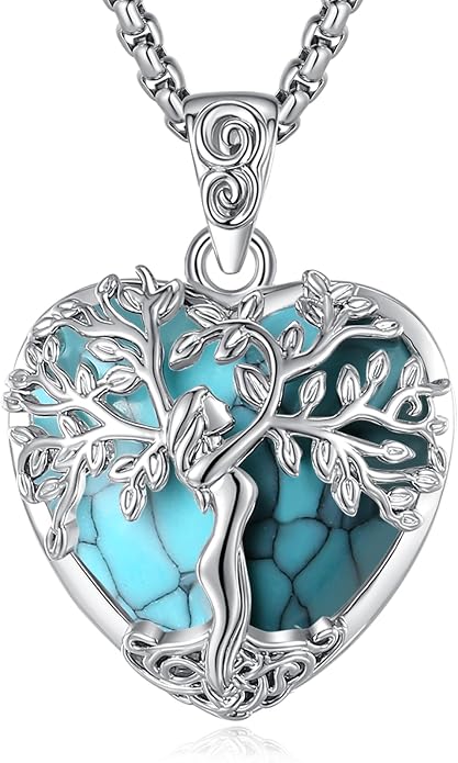 EUDORA Tree of Life Necklace with Moonstone Amethyst Obsidian Turquoise Healing Crystal for Women, Silver Plated Copper Mother Tree of Life Pendant Amulet Energy Jewelry, Gift for Women Mom, 20"+2"