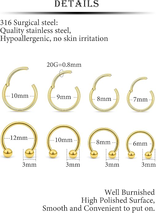 20G 18G 16G 14G 12G 10G Hypoallergenic Nose Rings Hoops for Men Women 316L Surgical Steel Hinged Nose Rings for Nostril Septum Cartilage Helix Daith Tragus Rook Conch Lip Ear Lobe Piercing