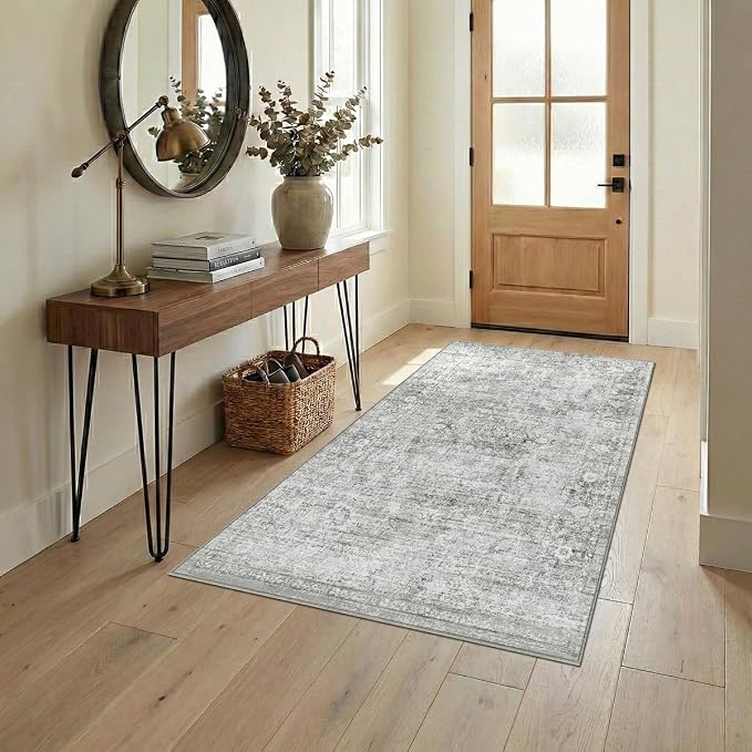 Homemate Washable Rug 4x6 Area Rugs - Vintage Faux Wool Rugs for Living Room Bedroom Dining Room - Non Slip Foldable Carpet Indoor Area Rug for Home Decor（4'x6', Grey