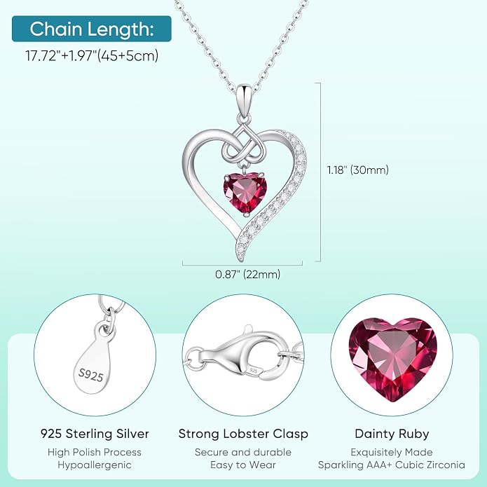 925 Sterling Silver Birthstone Heart Necklace for Women - Infinity Love Pendant with Cubic Zirconia, 12 Colors, Valentine's Day Gift for Her, 12 Months, Birthday Anniversary Christmas Jewelry Gifts