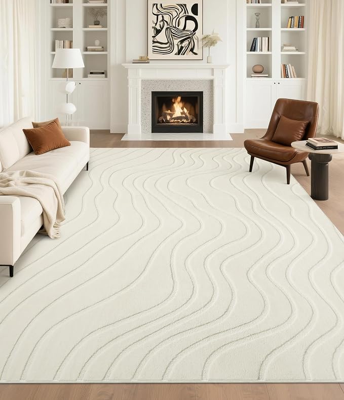 YIHOUSE 8x10 Abstract Wave Striped Area Rug, Modern Washable High-Low Pile Rug, Soft Textured Carpet for Living Room, Bedroom,Dining Room, Beige Ivory White
