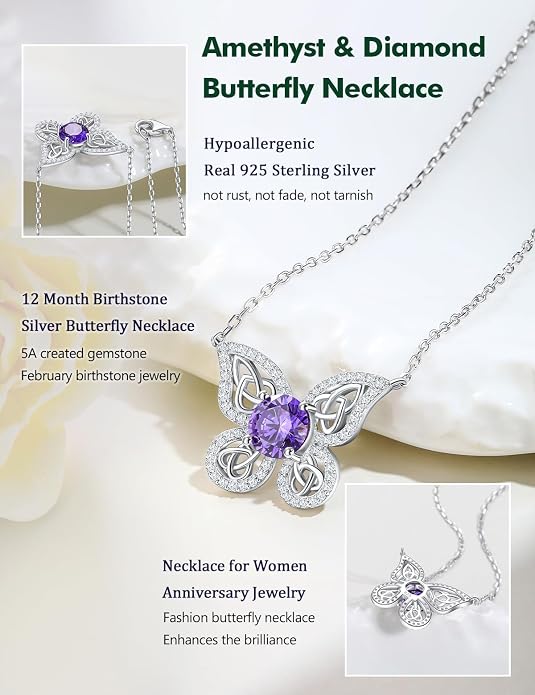925 Sterling Silver Birthstone Necklaces for Women, Dainty Cute Dragonfly/Butterfly Pendant Necklace, Great Christmas/Anniversary Jewelry for Mother