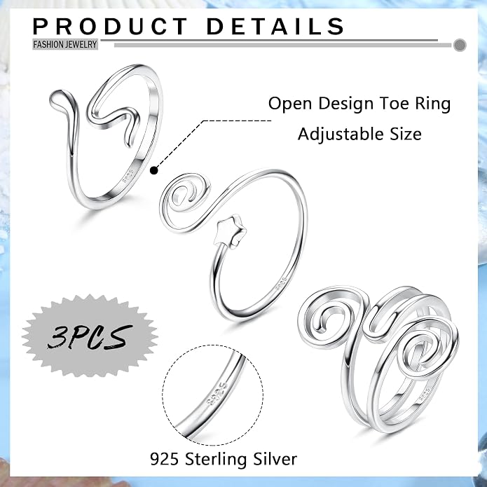 Florideco 3Pcs S925 Sterling Silver Toe Rings for Women Open Toe Rings Comfort-Fit Adjustable Toe Rings Celtic Knot Turquoise Finger Foot Jewelry Set